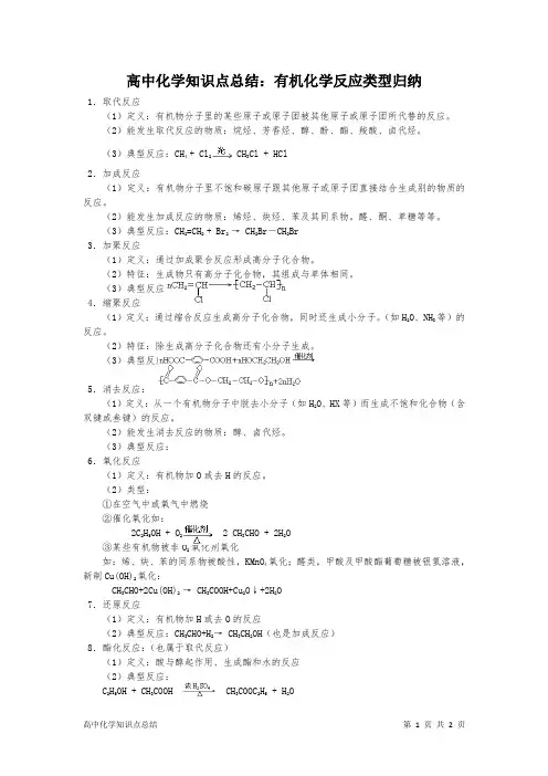 高中化学知识点总结：有机化学反应类型归纳