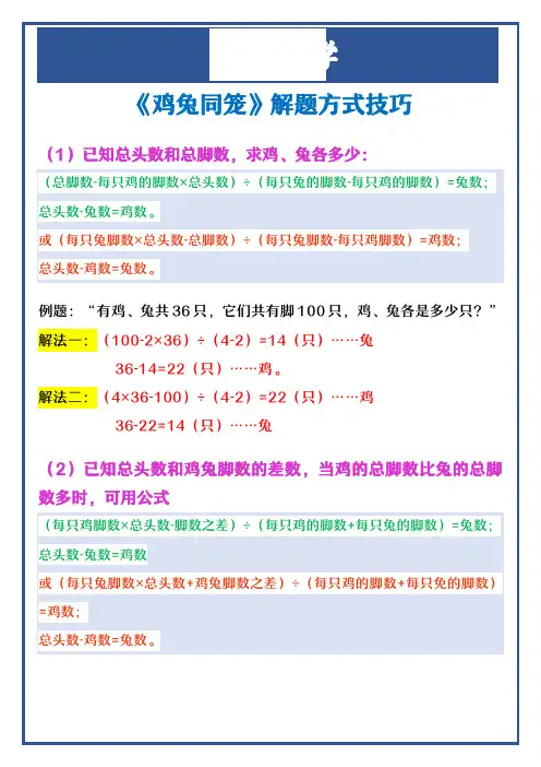 四年级下册数学 《鸡兔同笼》解题方式技巧