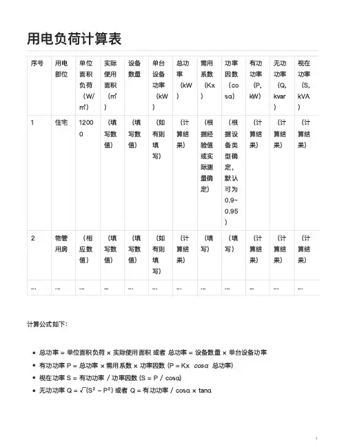 如何算用电负荷表格