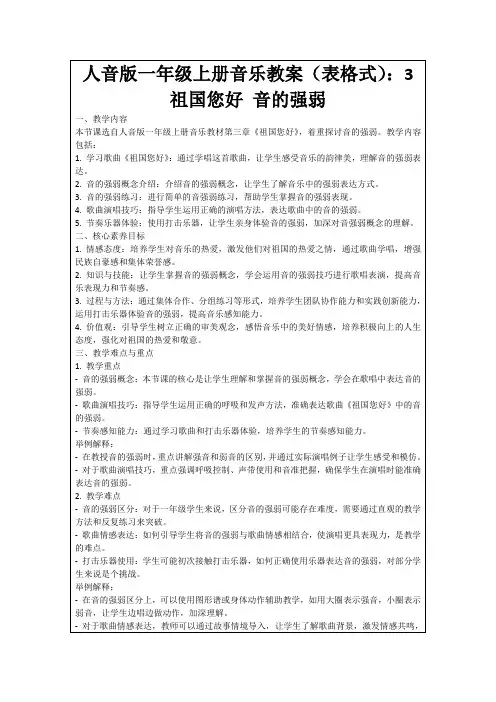 人音版一年级上册音乐教案(表格式)：3祖国您好音的强弱