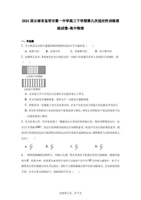 2024届云南省昆明市第一中学高三下学期第九次适应性训练理综试卷-高中物理