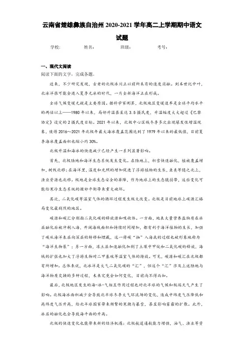 云南省楚雄彝族自治州2020-2021学年高二上学期期中语文试题