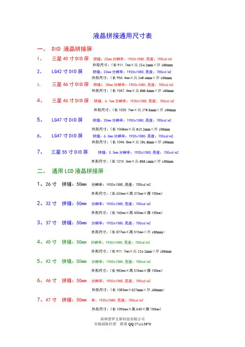 液晶拼接通用尺寸表