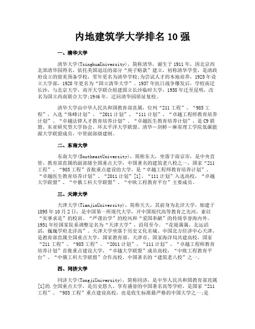 内地建筑学大学排名10强