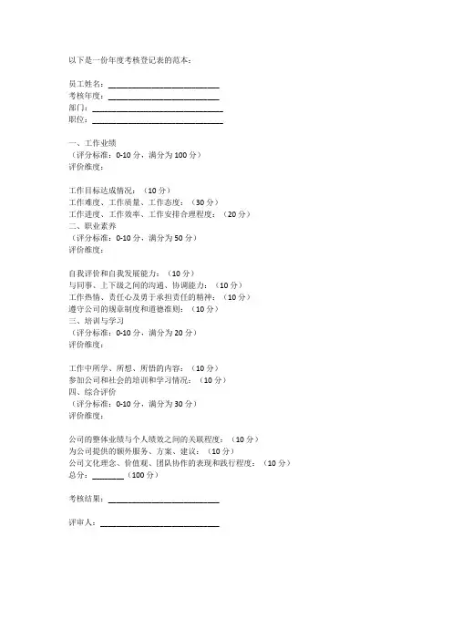 年 度 考 核 登 记 表