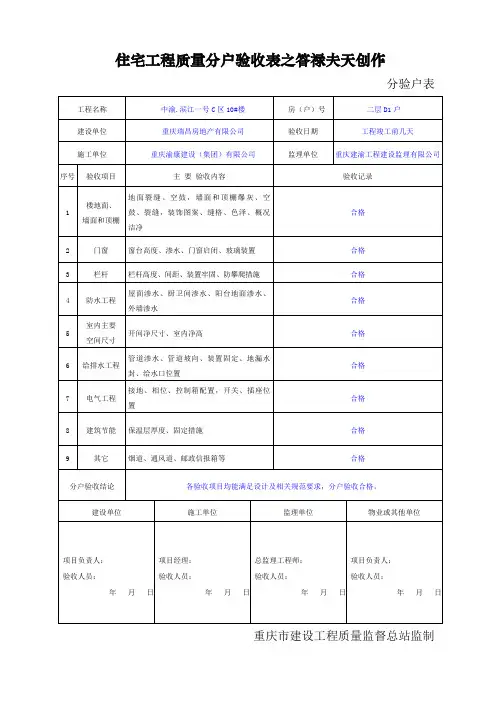 重庆市住宅工程质量分户验收表格(最新)