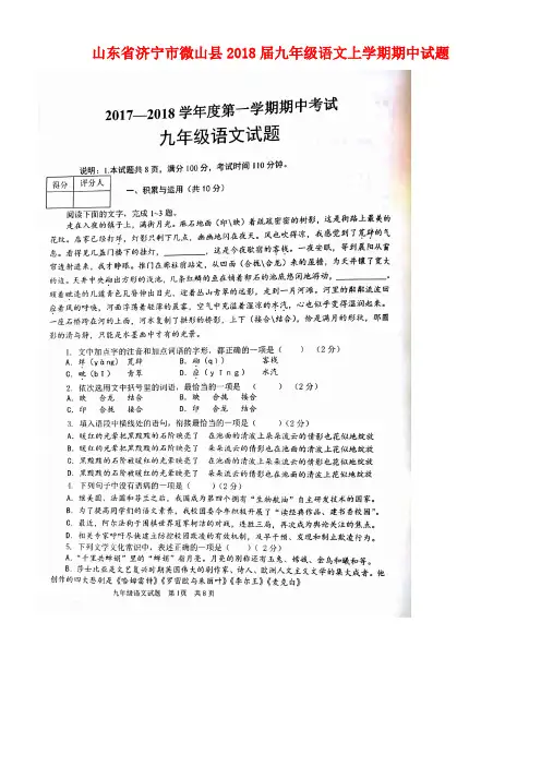 山东省济宁市微山县九年级语文上学期期中试题(扫描版,无答案)新人教版(new)