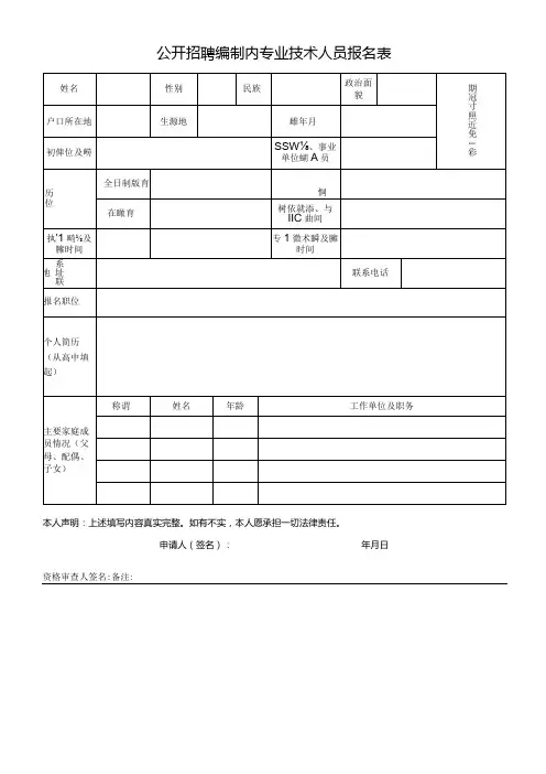 公开招聘编制内专业技术人员报名表