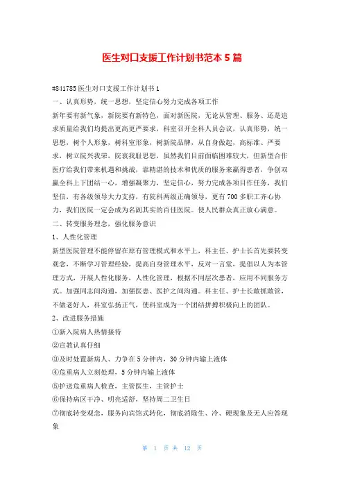 医生对口支援工作计划书范本5篇99范文网