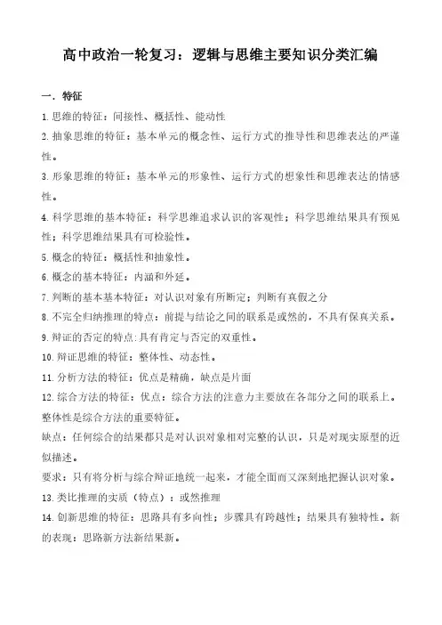 高中政治一轮复习：逻辑与思维主要知识分类汇编