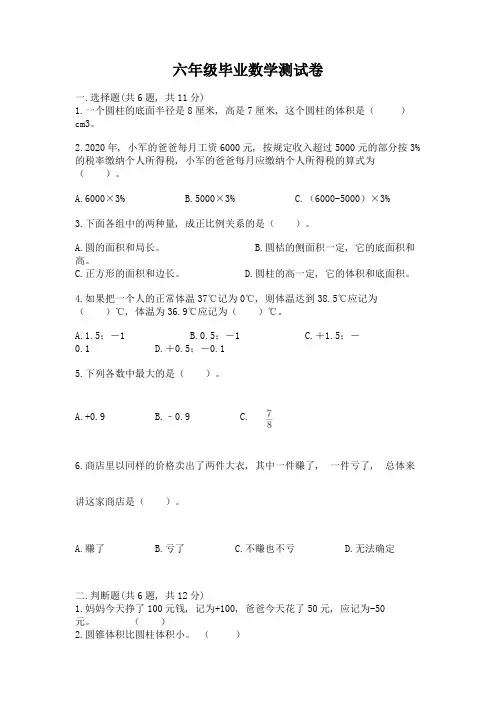 六年级毕业数学测试卷(模拟题)