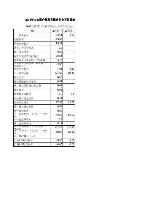 2016年安心财产保险有限责任公司损益表