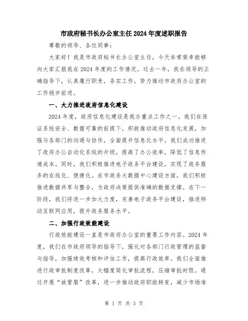 市政府秘书长办公室主任2024年度述职报告