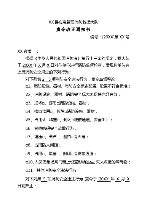 消防救援大队消防监督检查责令改正通知书范例