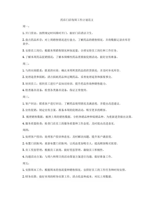 药店门店每周工作计划范文