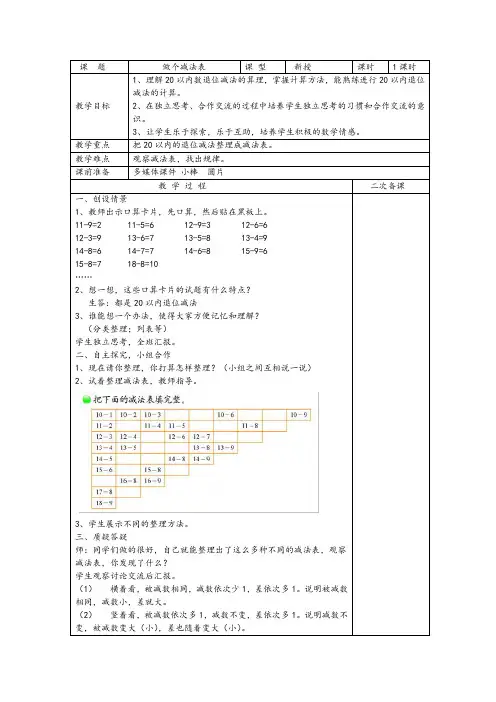 北师大版小学数学《做个减法表》精品教案设计