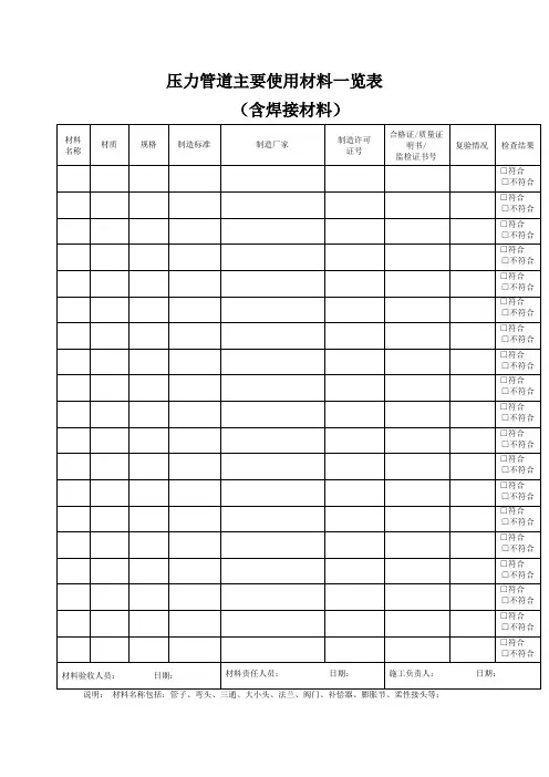 压力管道主要使用材料一览表