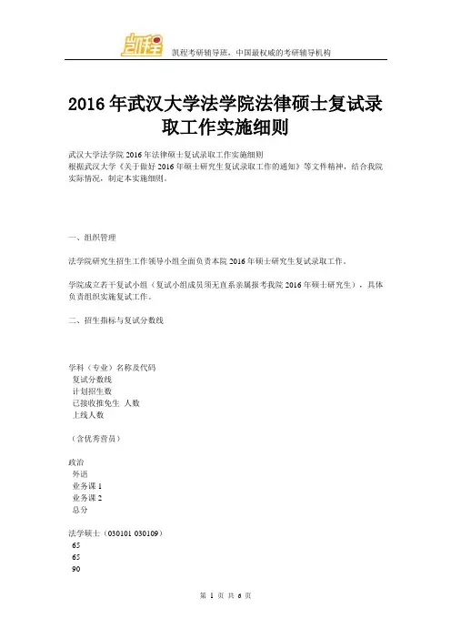 2016年武汉大学法学院法律硕士复试录取工作实施细则