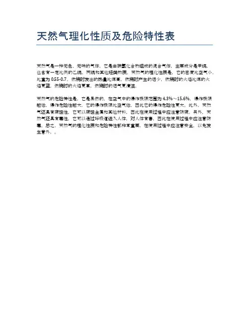 天然气理化性质及危险特性表