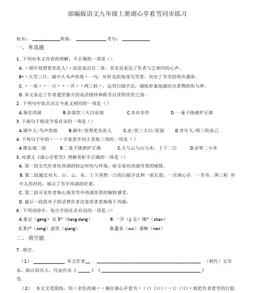 第13课《湖心亭看雪》同步练习  2021—2022学年部编版语文九年级上册(word版含答案)