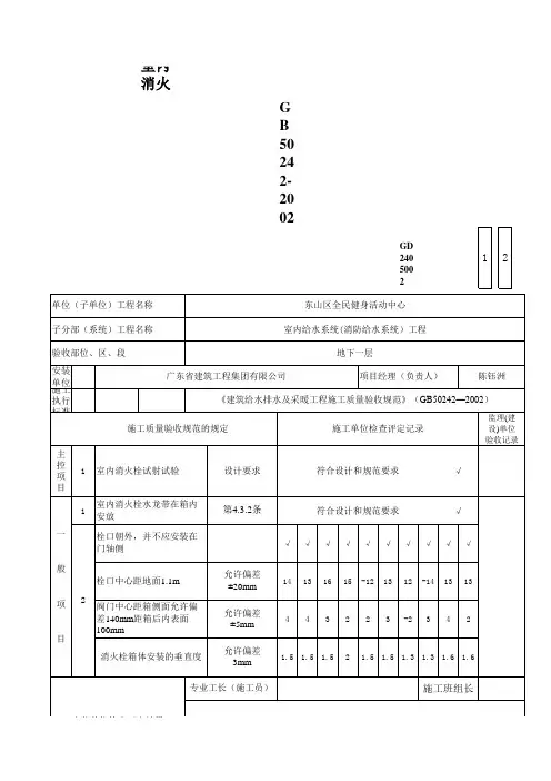 GD2405002室内消火栓系统安装工程检验批质量验收记录表