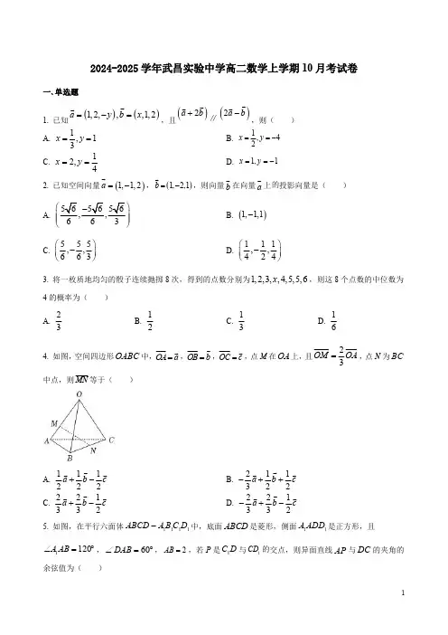 2024-2025学年武昌实验中学高二数学上学期10月考试卷附答案解析