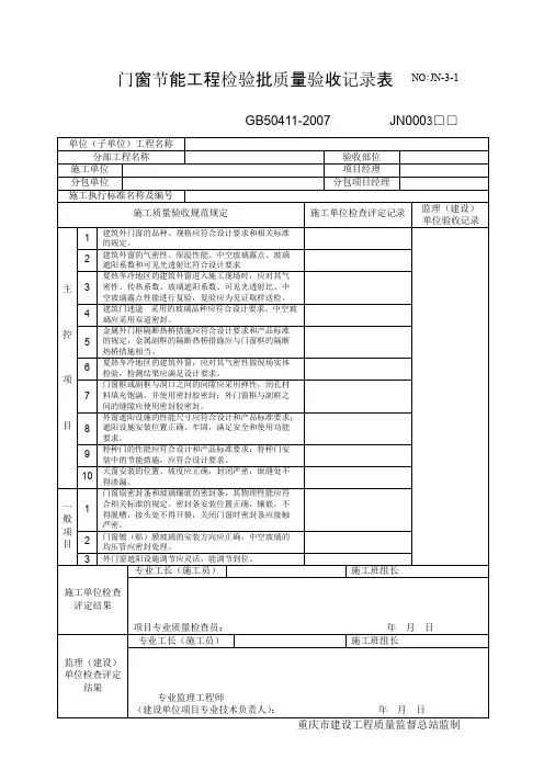 门窗节能工程检验批质量验收记录表