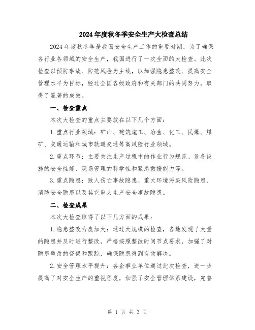 2024年度秋冬季安全生产大检查总结