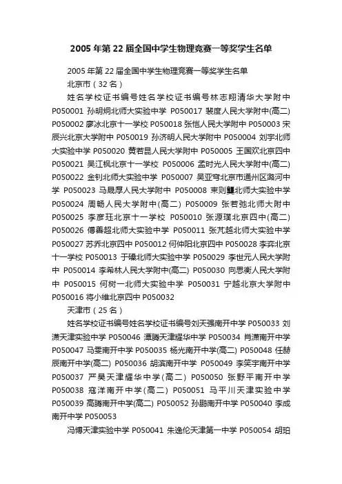 2005年第22届全国中学生物理竞赛一等奖学生名单