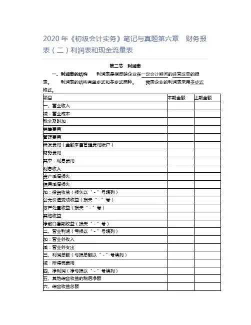 2020年《初级会计实务》笔记与真题第六章 财务报表(二)利润表和现金流量表