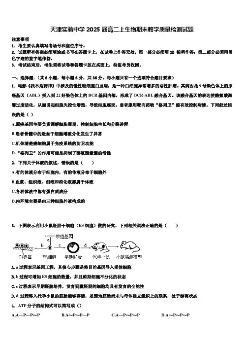 天津实验中学2025届高二上生物期末教学质量检测试题含解析