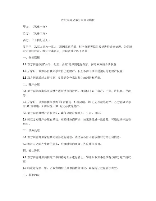 农村家庭兄弟分家合同模板