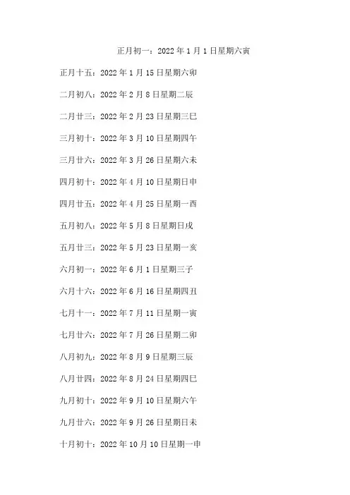 2022年日历全年表黄历