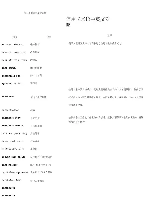 信用卡术语中英文对照