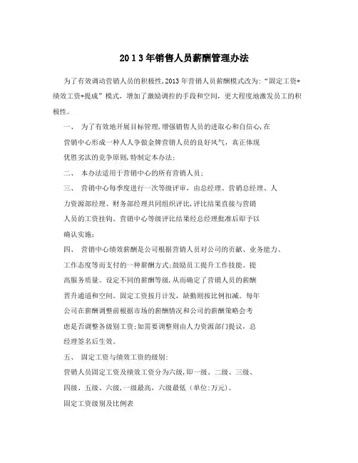 2013年销售人员薪酬管理办法