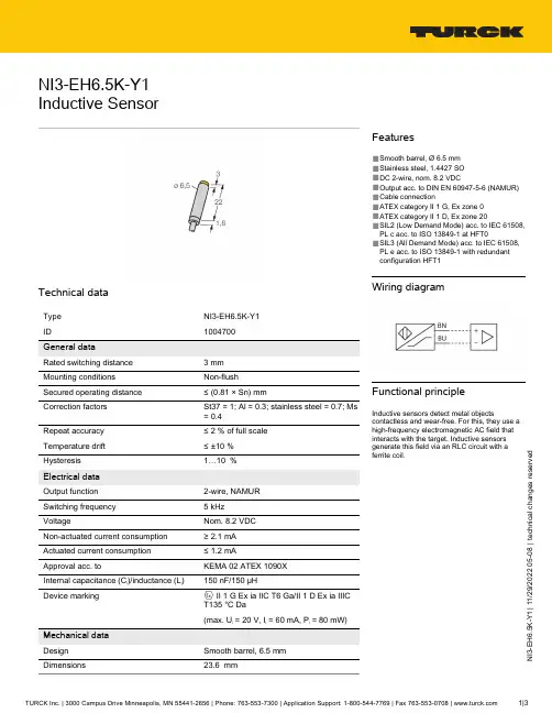 TURCK NI3-EH6.5K-Y1 非陶瓷感应传感器技术数据手册说明书