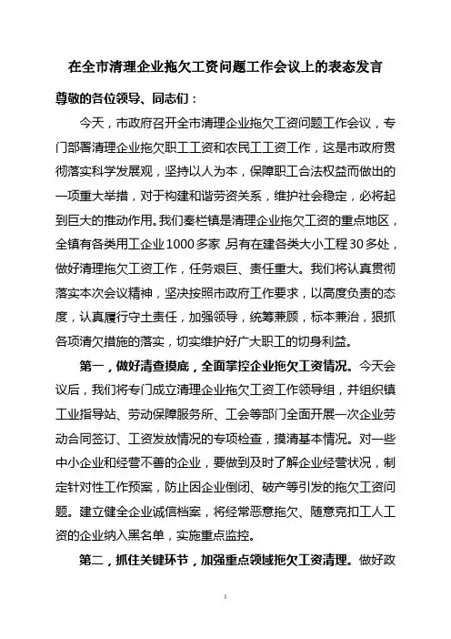 在全市清理企业拖欠工资问题工作会议上的表态发言