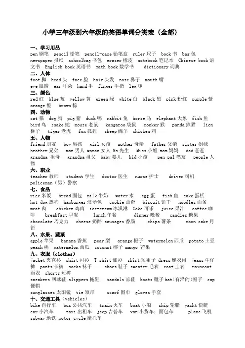 小学三年级到六年级的英语单词分类表