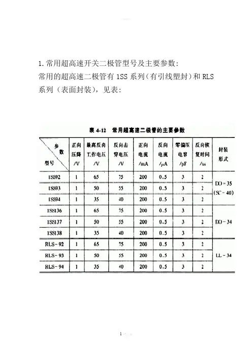 常用开关二极管型号及主要参数