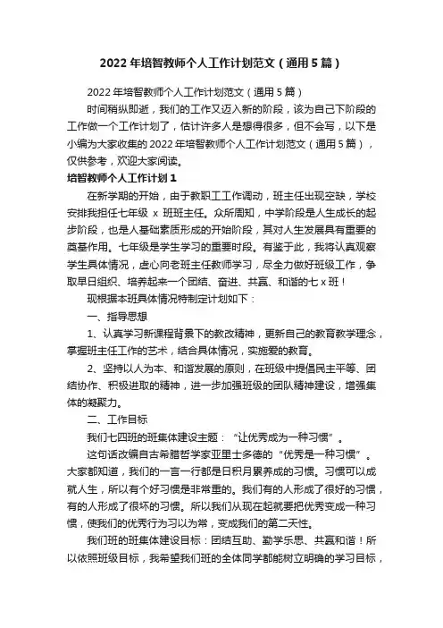 2022年培智教师个人工作计划范文（通用5篇）