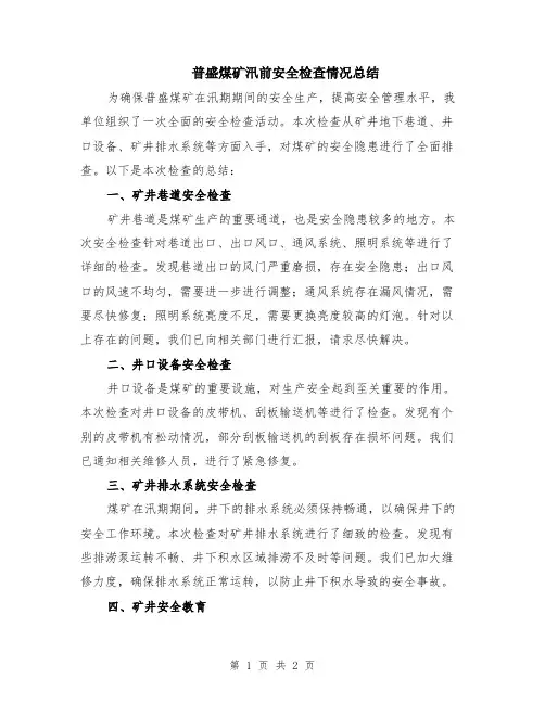 普盛煤矿汛前安全检查情况总结