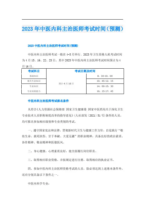 2023年中医内科主治医师考试时间(预测)