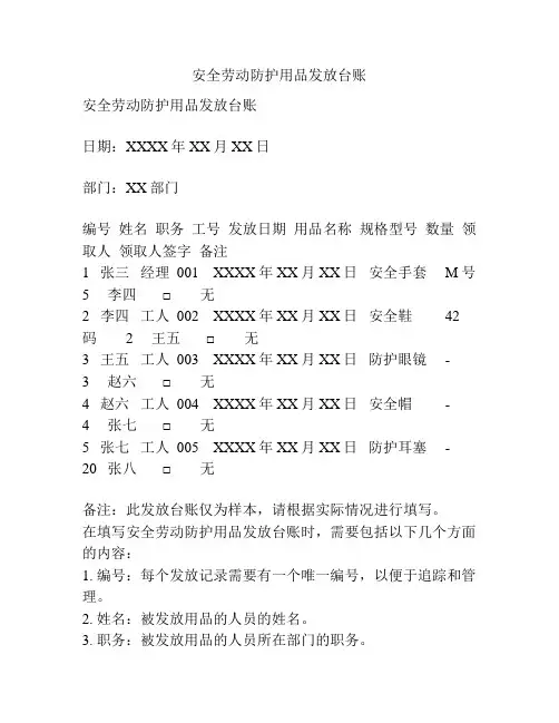 安全劳动防护用品发放台账