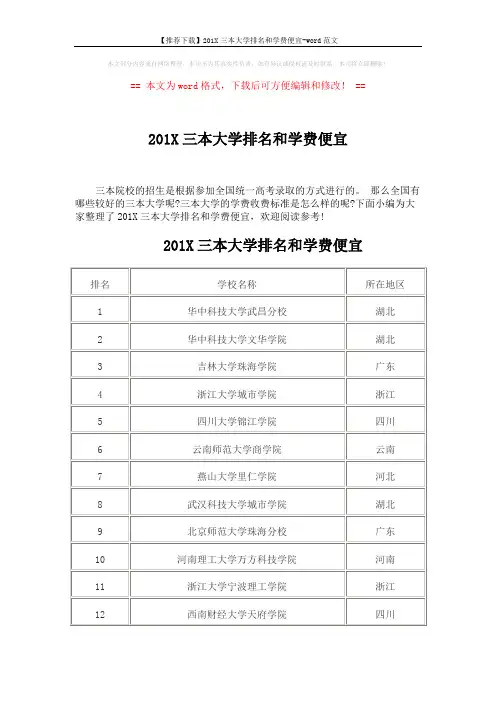 【推荐下载】201X三本大学排名和学费便宜-word范文 (7页)