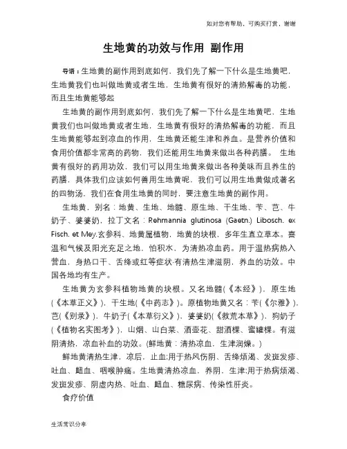 生地黄的功效与作用 副作用