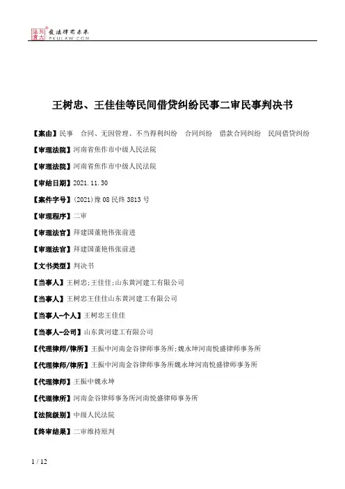 王树忠、王佳佳等民间借贷纠纷民事二审民事判决书