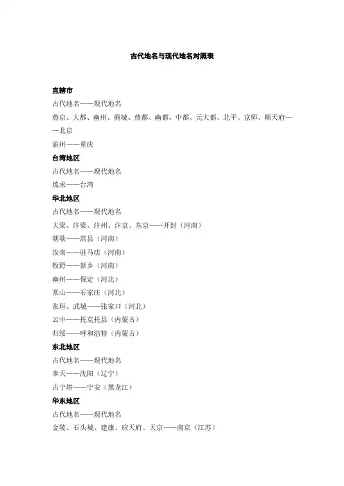 古代地名与现代地名对照表