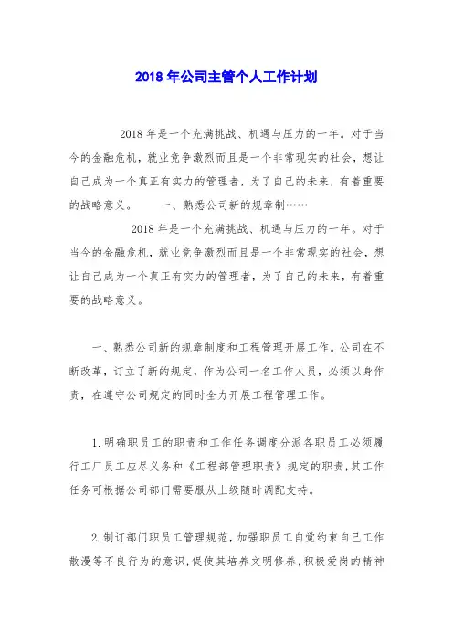2018年公司主管个人工作计划