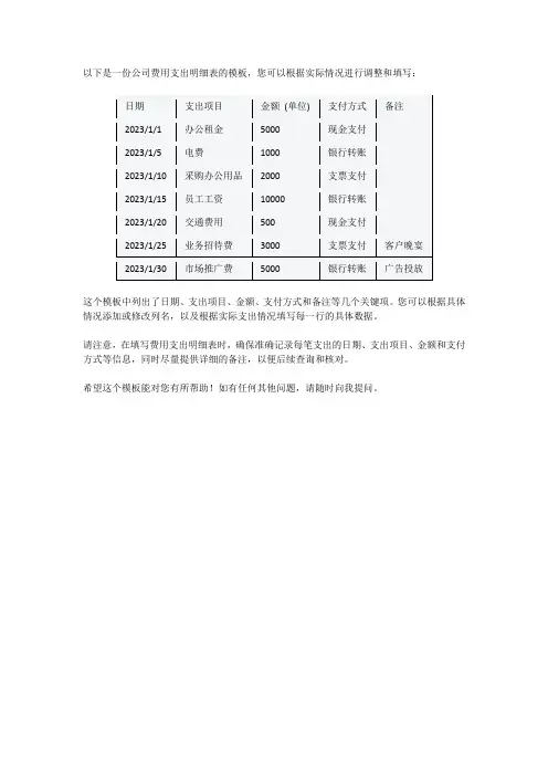 公司费用支出明细表模板