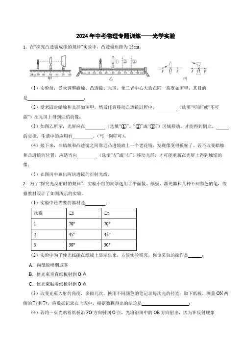 2024年中考物理专题训练——光学实验(含答案)